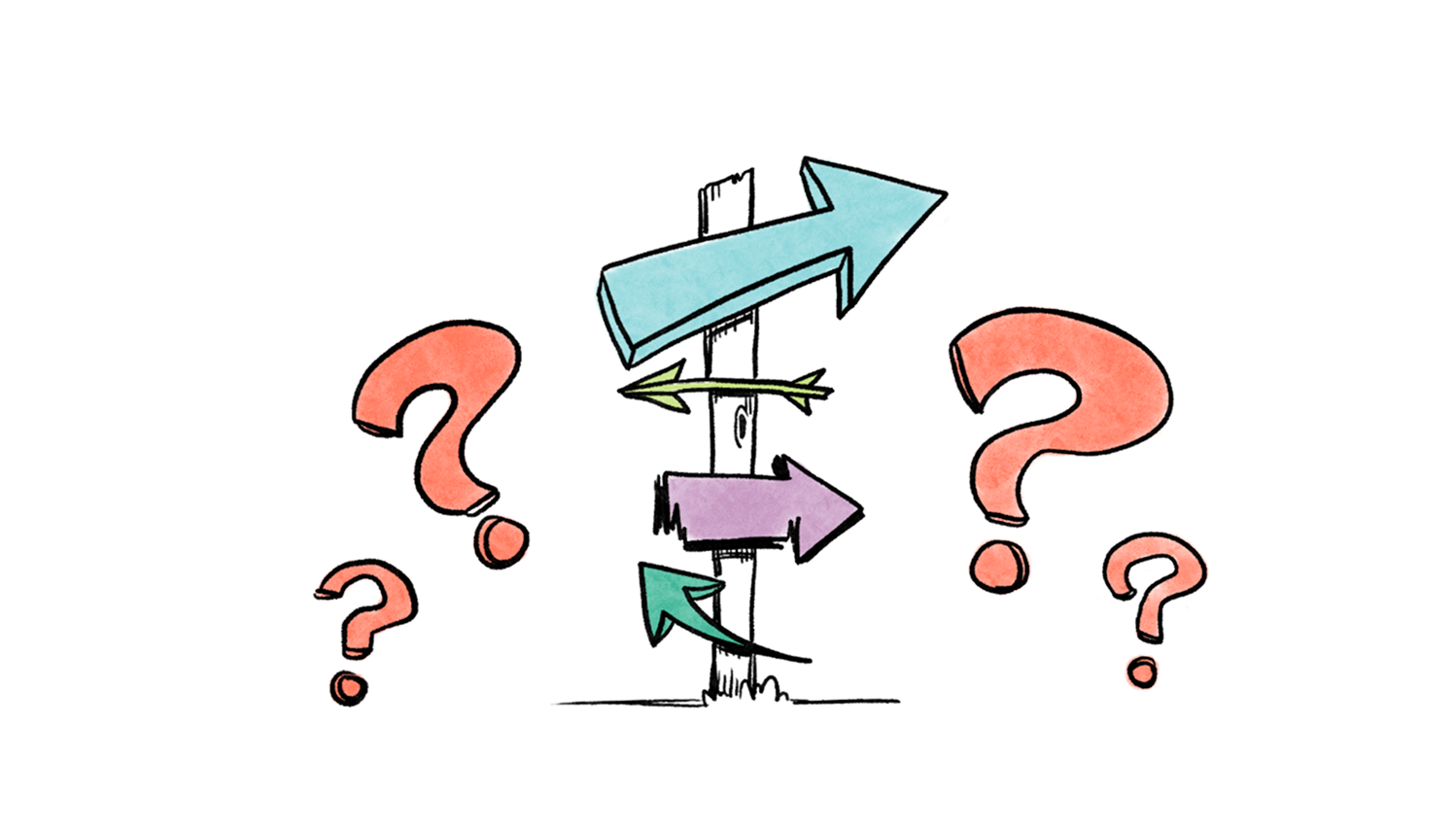 Student at crossroads with question marks