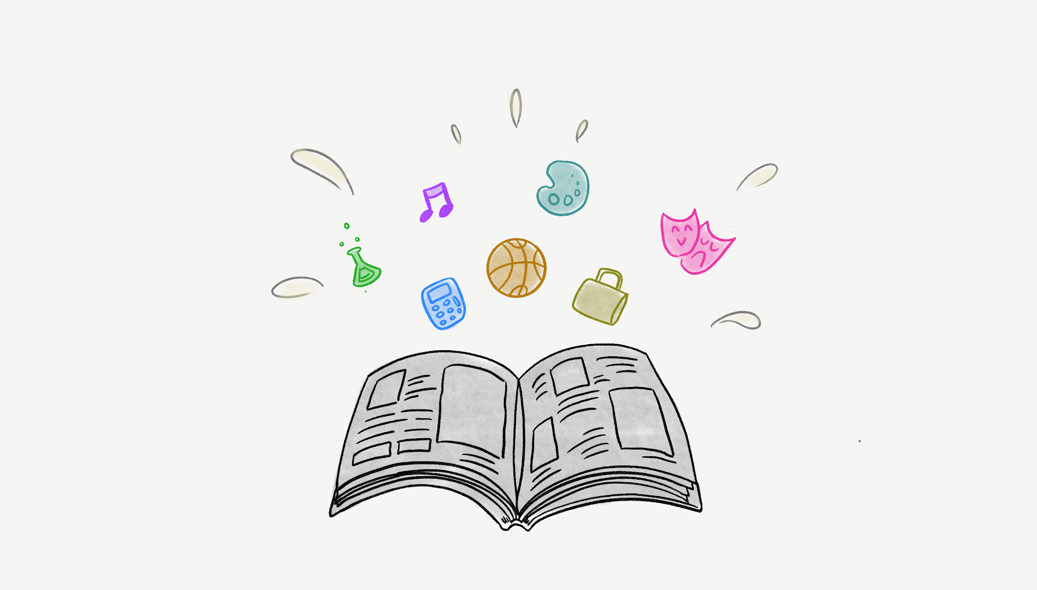 Open book with ideas floating above it